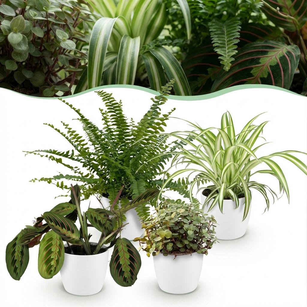 Mix van 4 - Chlorophytum - Maranta - Calissia - Nephrolepsis Met Pot Wit 25 CM