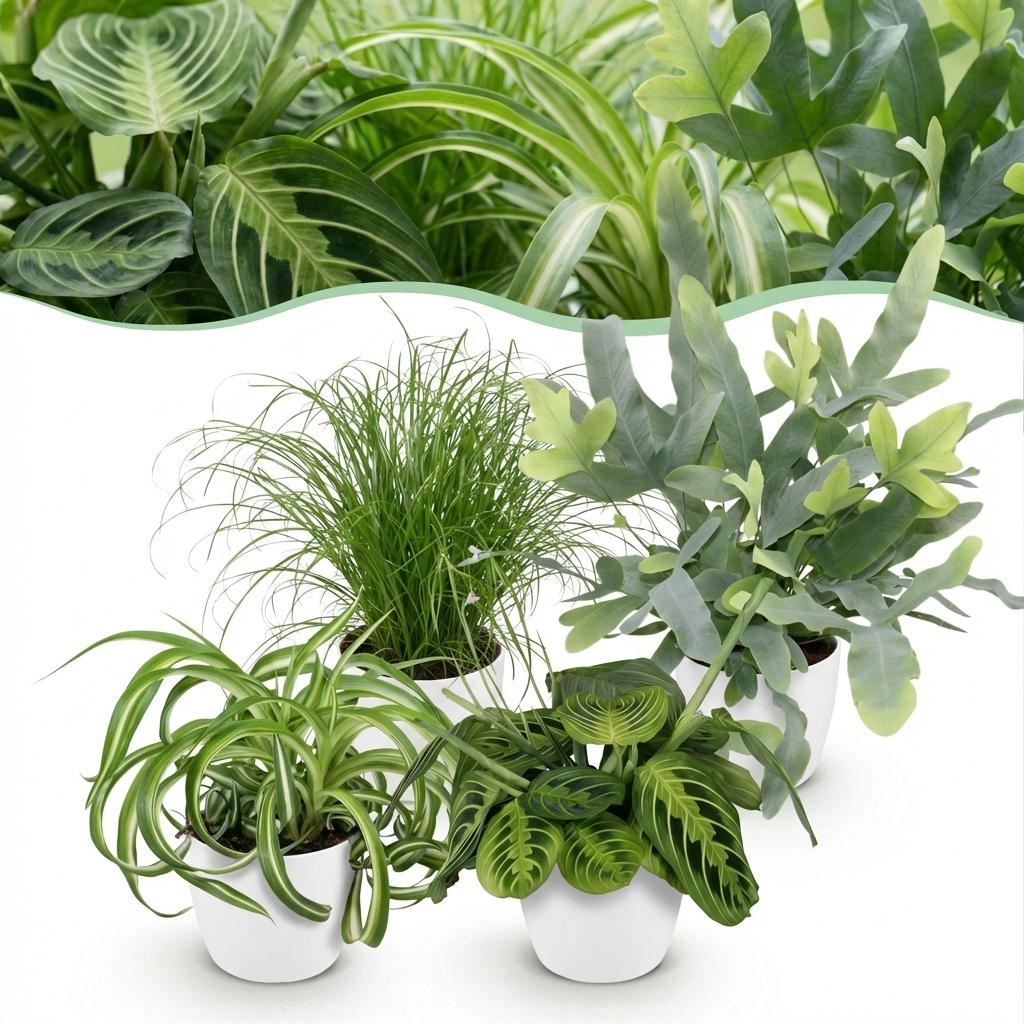Mix van 4 - Chlorophytum - Cyperus - Phlebodium - Marantha Met Pot Wit 25 CM
