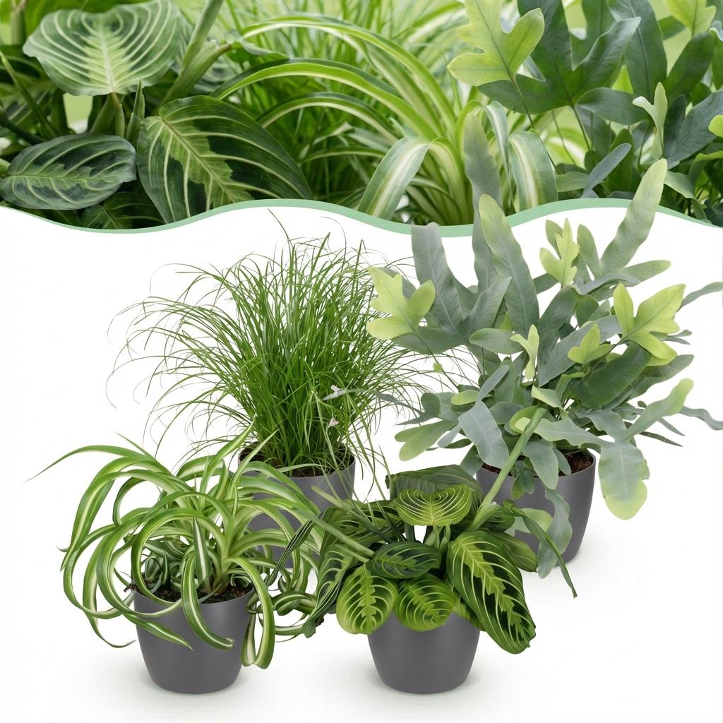 Mix van 4 - Chlorophytum - Cyperus - Phlebodium - Marantha Met Pot Grijs 25 CM
